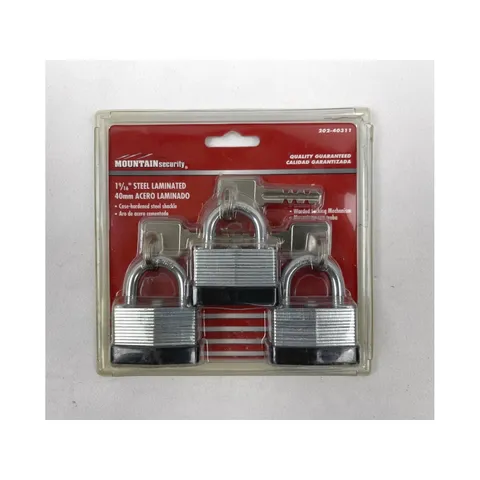 Mountain Security 40mm Laminated Steel Padlock 3 Pack Silver Hardened Shackle