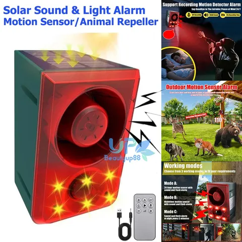 Solar Outdoor Motion Sensor Alarm-130db Loud Siren Lamp Noise Maker Animal Repel