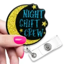 Funny Night Crew Black Glitter Badge Reel, Retractable Nurse Office Identity ...