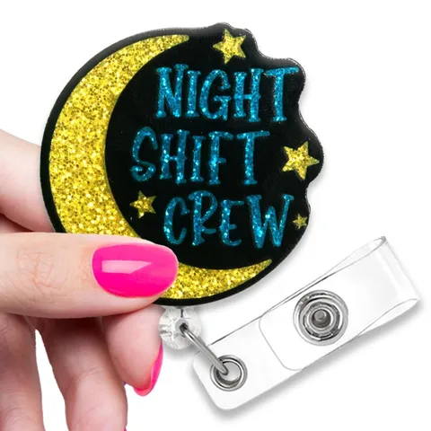 Funny Night Crew Black Glitter Badge Reel, Retractable Nurse Office Identity ...