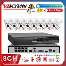 Vikylin 4K 8CH 8 POE NVR CCTV System 8MP Camera Outdoor Full Color+IR Audio Lot