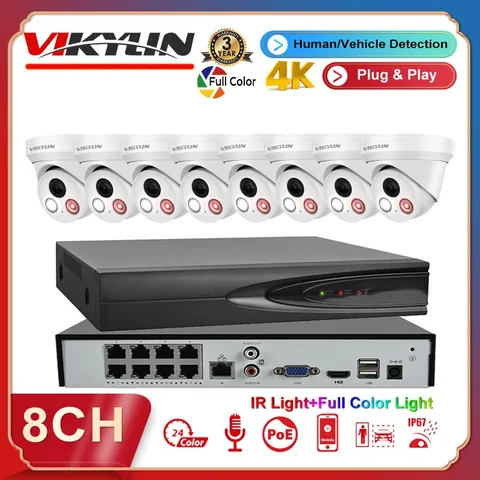 Vikylin 4K 8CH 8 POE NVR CCTV System 8MP Camera Outdoor Full Color+IR Audio Lot