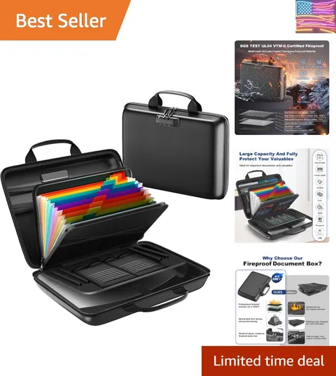 Fireproof Document Box, Hard Case Fireproof File Organizer with Lock and 13 P...
