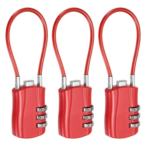 3-Digit Combination Padlock with Coated Steel Wire Rope (5.3 Inch, Red) (3Pcs)
