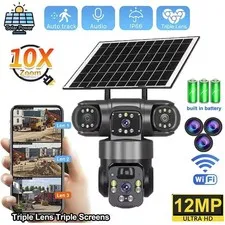 3 Lens 12MP Solar Battery Home Security Camera Outdoor Wifi Wireless PTZ CCTV US