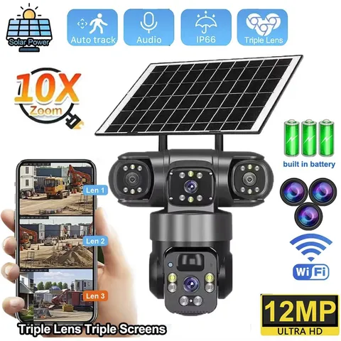 3 Lens 12MP Solar Battery Home Security Camera Outdoor Wifi Wireless PTZ CCTV US