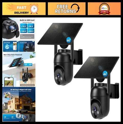 4G LTE Solar Powered Security Camera 2 Pack with Built-in SIM Card, Wireless Sur