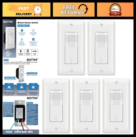 5 Pack Motion Sensor Light Switch - PIR Occupancy/Vacancy, 800W, 120/277V, UL Li