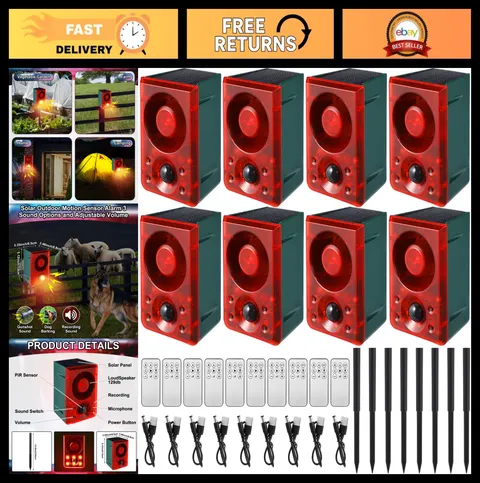 8 Pcs Solar Motion Sensor Alarm - Dog Barking & Gunshot Sound, 3 Modes, USB Char