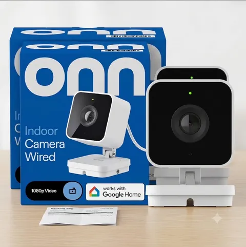 (2 Packs) onn Indoor Camera Wired, 1080p HDR Video, with Google Home and Gemini