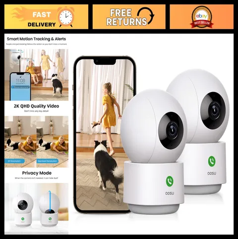 2K Indoor Security Camera, 360° Baby & Pet Monitor, Smart Motion Tracking, Night