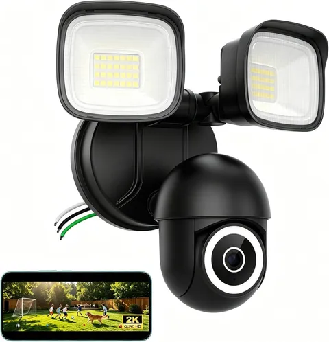 2K Floodlight Camera, 360° PTZ 3500LM Hardwired Security Cam Black | AI Detectio