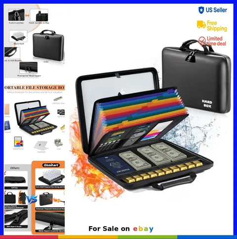 Fireproof Document Box 13 Pocket Accordion File Organizer Hard Shell Lock Water