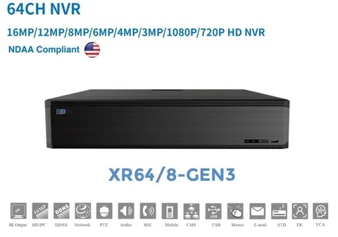 XR64/8-GEN3 NVR 16MP / 64 IP Channels / Supports 8 HDD / 8K video output