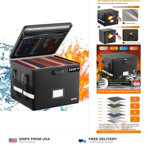 ENGPOW 5200°F Fireproof Document Box with Lock, Heat Insulated Collapsible Fi...