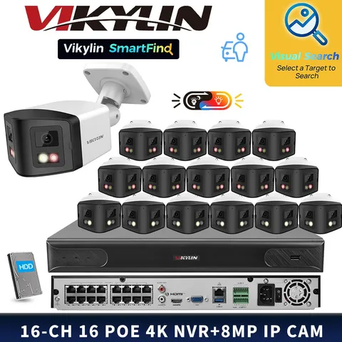 VIKYLIN SmartFind 16POE 16CH NVR Set Dual Color light 180 view 8MP IP Camera Lot