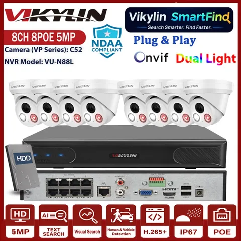 Vikylin SmartFind 5MP 8CH 8POE NVR Dual Light PoE Security IP Camera Systems Lot