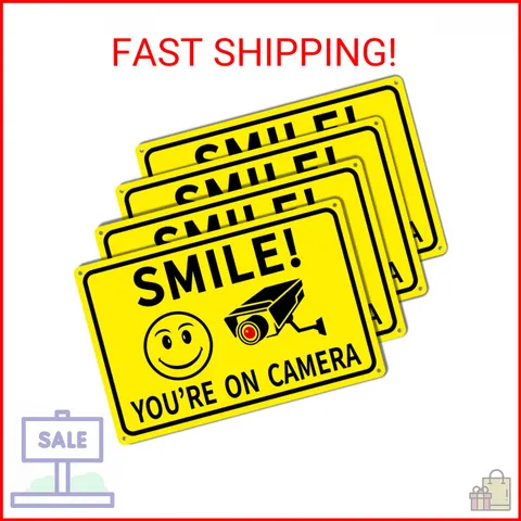 4-Pack Smile You're On Camera Signs 8"x12" Rust Free Aluminum Video Surveillance