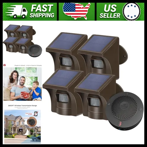 Solar Wireless Driveway Alarm System 1 Receiver 4 Solar Sensors Weatherproof
