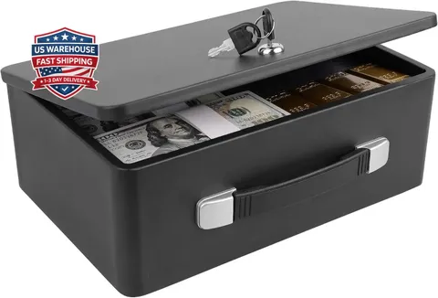 Fireproof Document Box with Key Lock, Portable Metal Safe Box with Carrying Hand