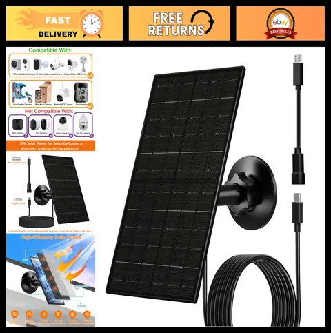 6W Solar Panel for Outdoor Security Camera, USB/USB-C Charger, IP66 Waterproof,
