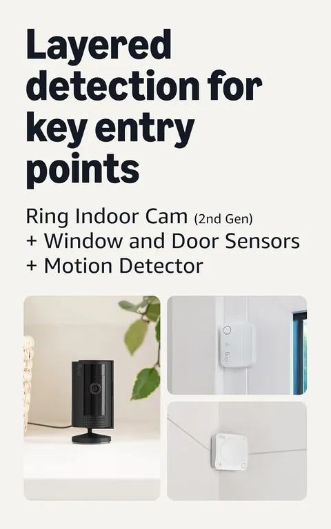 Ring Indoor Cam (2nd Gen), Black with 4 Window and Door Sensors (newest model) a