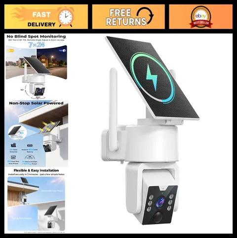 4MP Solar Powered Outdoor Security Camera, 360° PTZ, No Subscription, Color Nigh