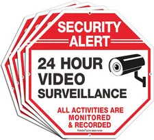(4 Pack) "Security Alert, 24 Hour Video Surveillance, All Activities Monitored"
