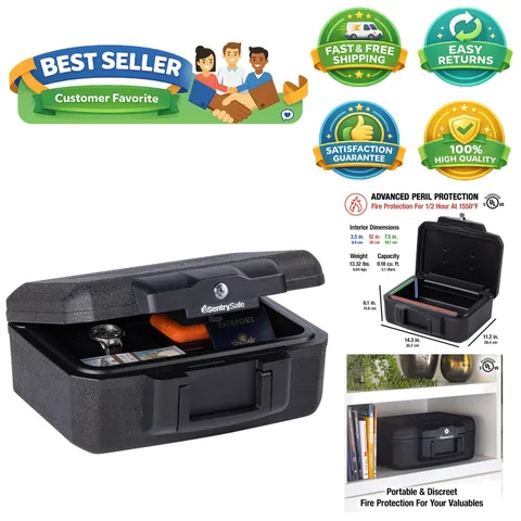 Compact Fireproof Safe - Black Lock Box with Carrying Handle, 14.3” W x 11.2” D