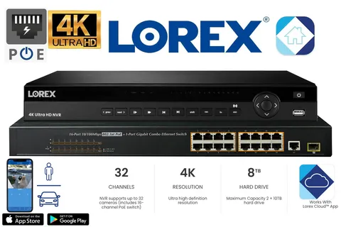 Lorex N882A38B NVR 32 Channel 16 PoE Port 4K 2x4TB IP Ultra Pro Series Security