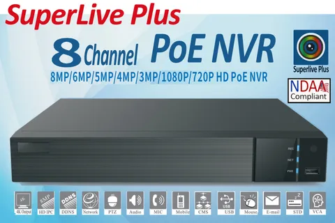 SuperLive Plus 8MP 4K 8CH PoE NVR Supports 8CH IP Cameras with PoE H.265 NDAA
