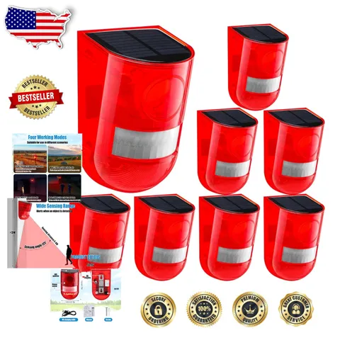 Solar Driveway Alarm 8 Pack 129dB Loud Siren Red Flash Strobe Motion Detector