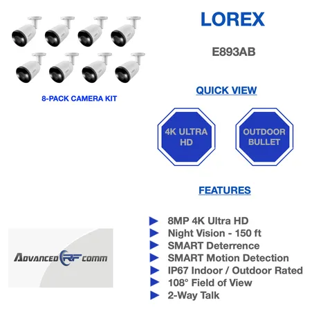 Lorex E893AB 4K  Bullet Camera 8-Pack Kit