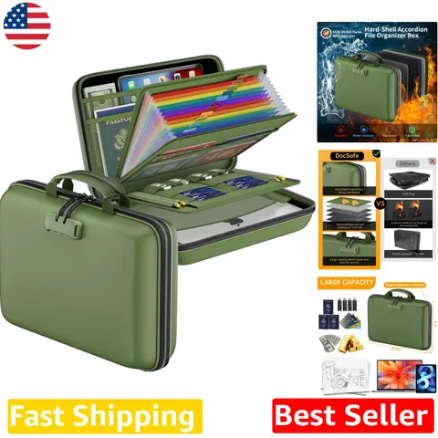 Fireproof File Organizer Lock Box - Green Hard-Shell Safe Document Storage