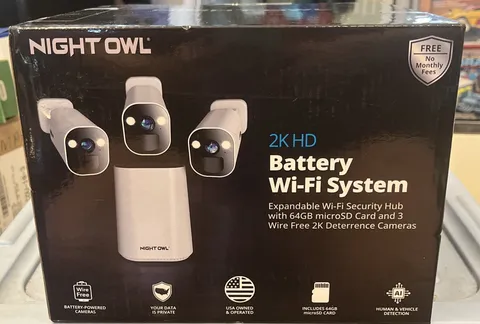 Night Owl 2K HD Battery Wi-Fi System Security Hub W/3 Cameras (WHT) Expandable