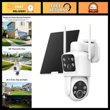 2K Dual Lens Solar Wireless Security Camera - 360° Pan/Tilt, Color Night Vision,