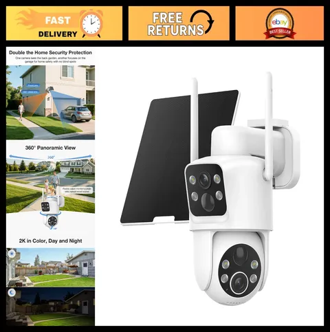 2K Dual Lens Solar Wireless Security Camera - 360° Pan/Tilt, Color Night Vision,