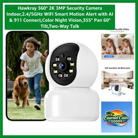 Hawkray 360° 2K 3MP Security Camera - AI Motion Detection & Color Night Vision