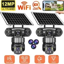 2x 3 Lens 12MP Solar Battery Home Security Camera Outdoor Wifi Wireless PTZ CCTV