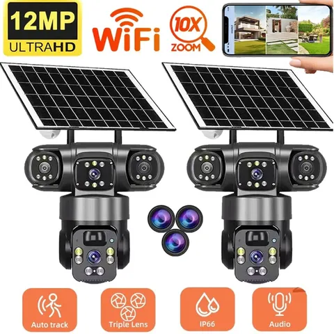 2x 3 Lens 12MP Solar Battery Home Security Camera Outdoor Wifi Wireless PTZ CCTV