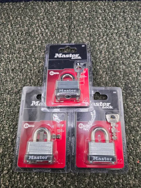 (QTY 3) Master Lock 22D 1-1/2 inch Wide Steel Warded Padlocks - Keyed Different