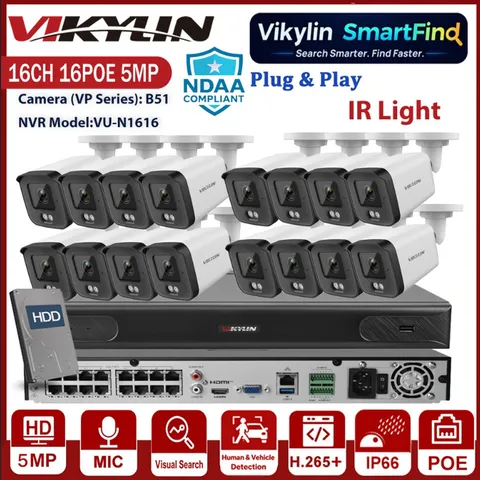 Vikylin SmartFind 16CH 16POE NVR 5MP POE IP Camera IR Night Vision 2Way Talk Lot