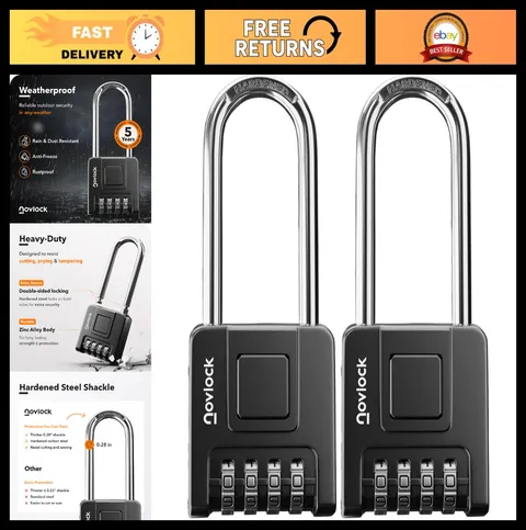 Heavy Duty 4-Digit Combination Locks - Weatherproof Long Shackle Padlocks, 2-Pac