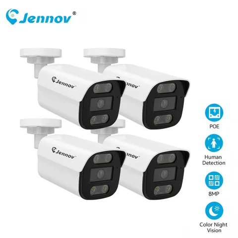 JENNOV 4‑Pack8MP PoE Cameras Outdoor Metal Full Color Night Vision Two‑Way Audio