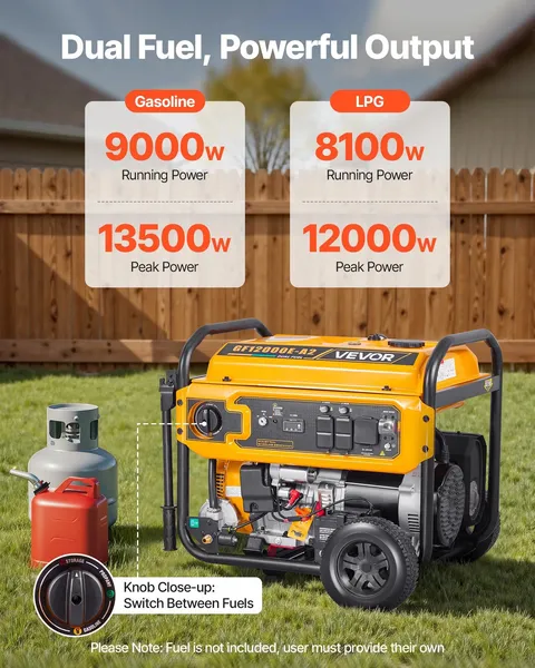 Portable Generator, Gasoline 13500W Peak Watt & LPG 12000W Peak Watt Dual Fuel G