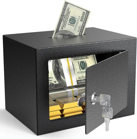 Small Safe Box with Key Lock,Mini Safe for Money with Coin Slot，Steel Security D