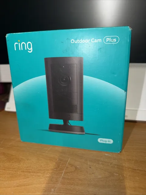 Ring Outdoor Cam Plus Plug-In – 2K Video, Low-Light Vision, Black – OEM Sealed