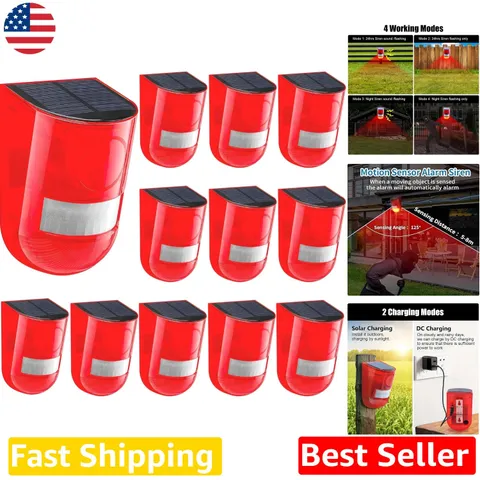 Solar Alarm 12pk Strobe Siren 110dB Motion Sensor 8M Range USB Backup