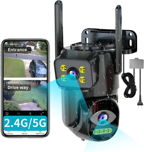 Dual Lens Wifi Security Camera Outdoor, 2.4G/5G PTZ Outdoor Plug-In Camera Auto