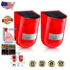 Solar Motion Sensor Alarm 2 Pack Red 129dB Loud Siren  Waterproof
